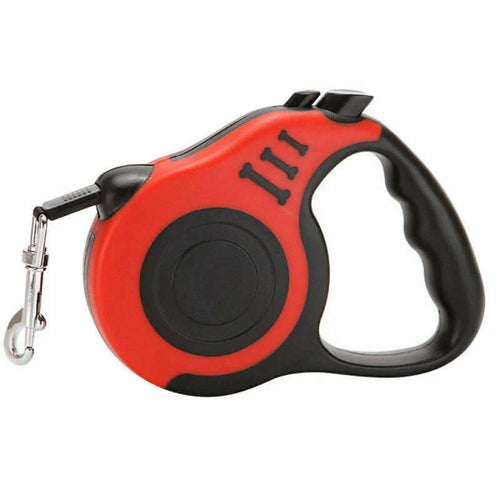 Automatic Retractable Dog Leash - Dual Size Options with Brake & Lock Safety System in red and black design.