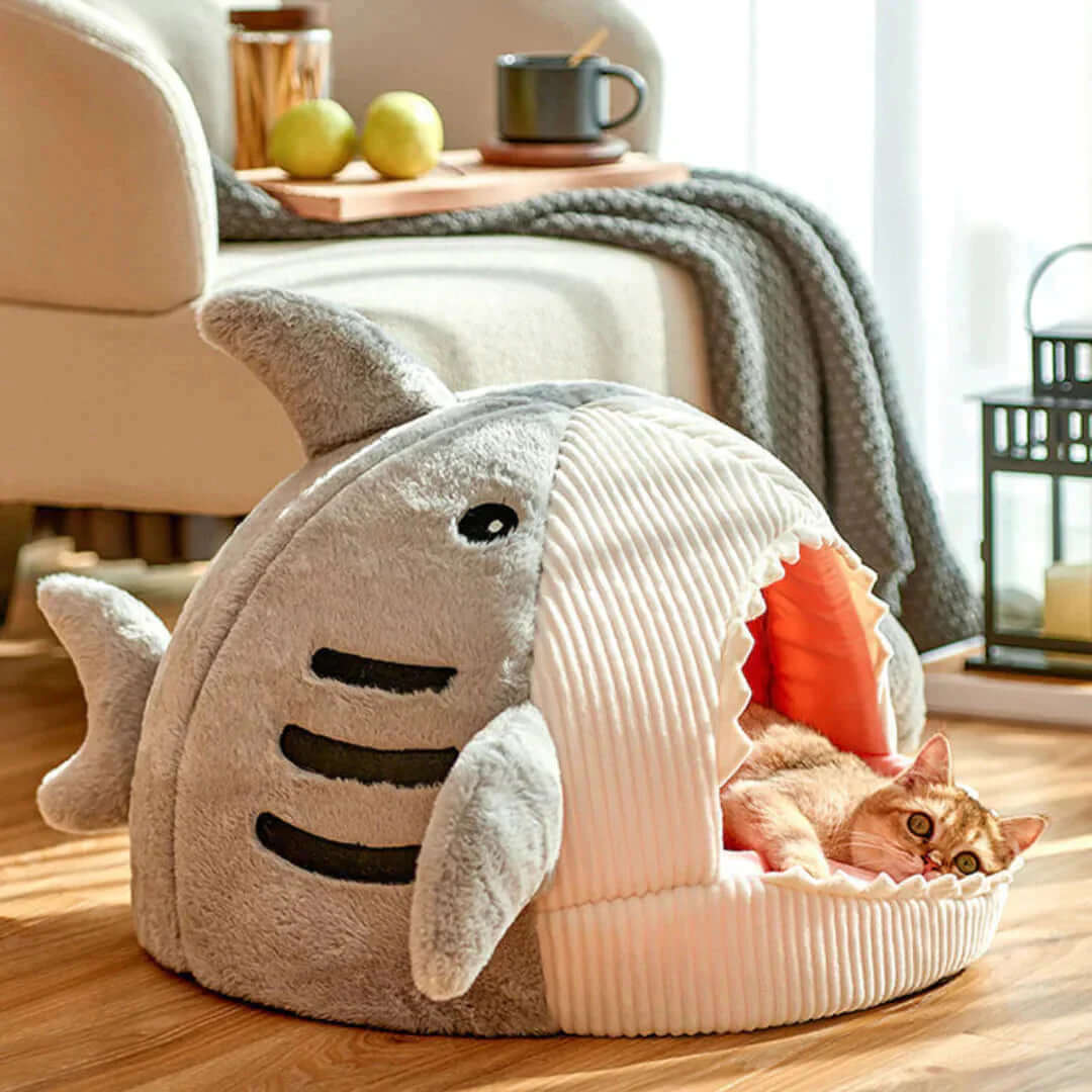 Luxury Plush Shark Pet Bed for cozy pet comfort with playful shark design for snuggling.