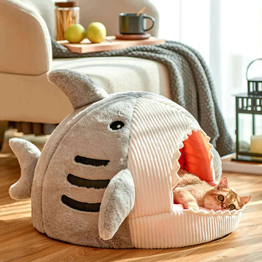 Luxury Plush Shark Pet Bed - Cozy shark-shaped pet bed with soft plush materials, perfect for snuggling.