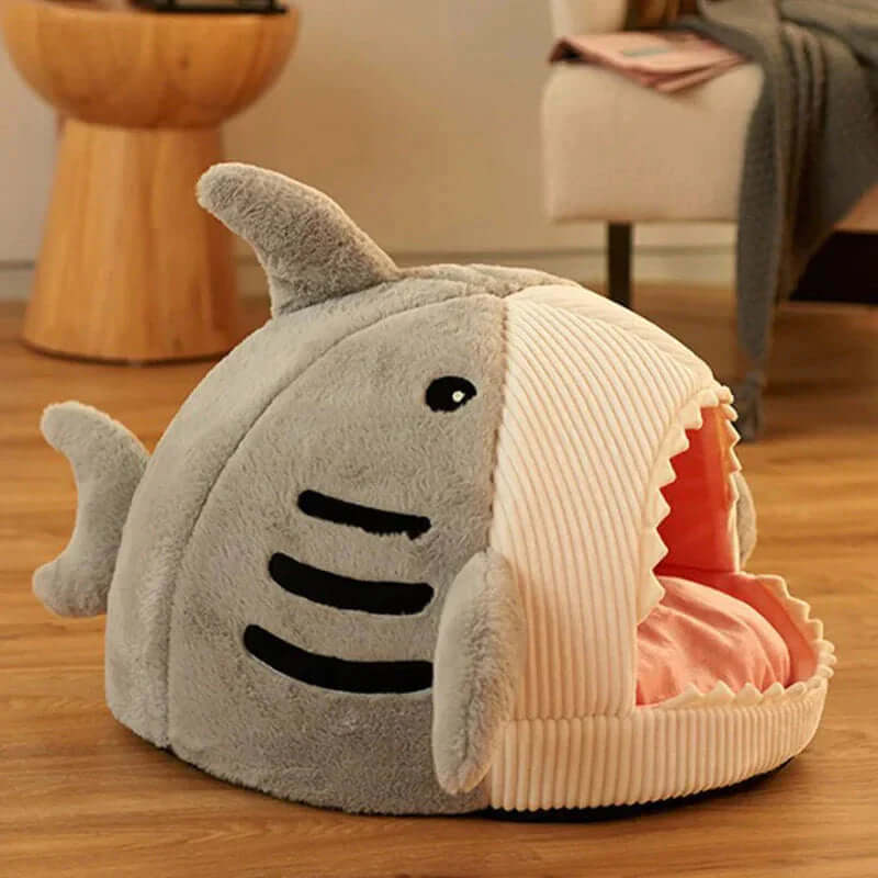 Luxury Plush Shark Pet Bed featuring a cozy shark design and ultra-soft plush material for pets.