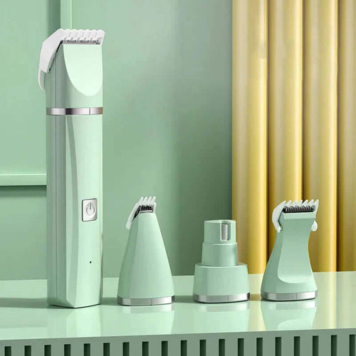 4 in 1 Electric Pet Grooming Kit - Hair Trimmer, Clippers, Nail Grinder for Cats & Dogs displayed with accessories.